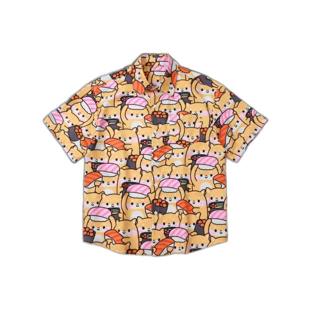 Men's Plus Casual Island Beach Shirt with Colorful Cartoon Cat & Sushi Roll XXL